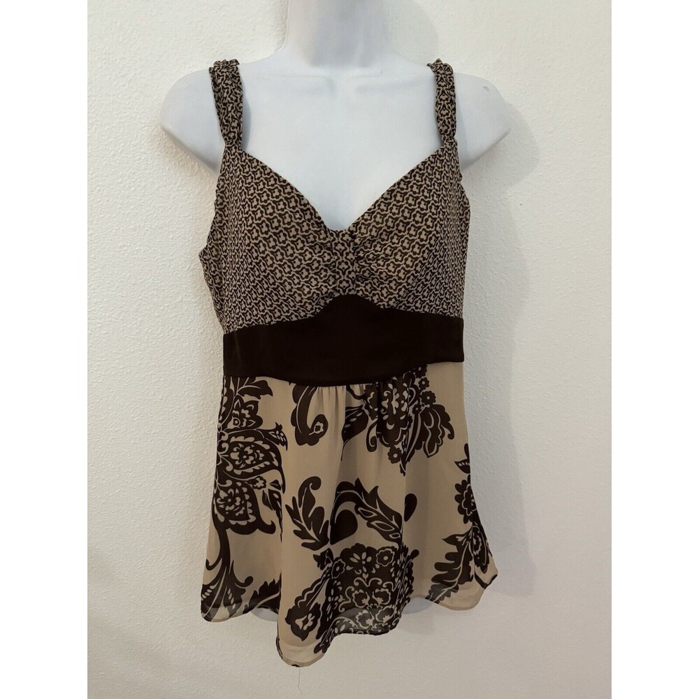 Y2K Vintage Bandolino Babydoll Blouse Top Brown Mixed Media 90s Sleeveless EUC 4